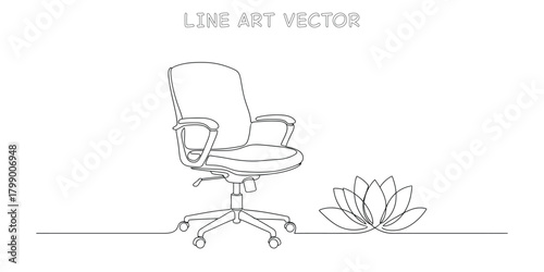 Continuous line drawing of an empty office chair next to a lotus flower