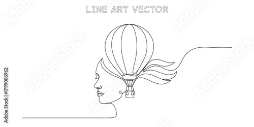 Continuous line drawing of a woman's profile with her hair flowing into a hot air balloon