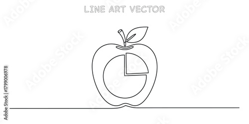 Continuous line drawing of an apple with a pie chart inside symbolizing a market share or health data concept