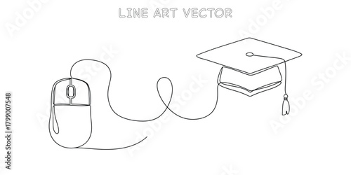 Continuous line art of a computer mouse connected to a graduation cap symbolizing online education and e learning