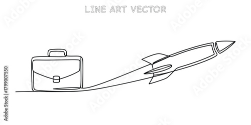 Continuous line drawing of a business briefcase launching a rocket ship, symbolizing a new startup or project launch