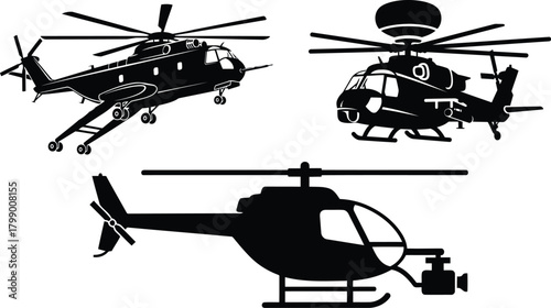 Black silhouettes of two diverse helicopters for air transport