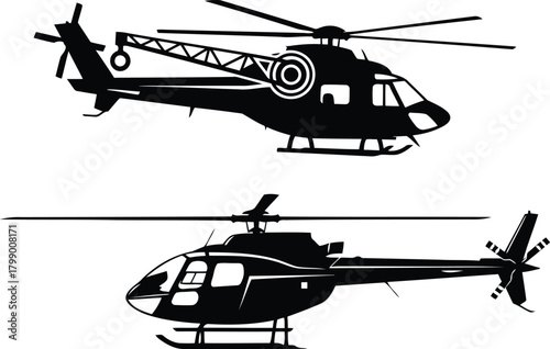 Diverse helicopter vector silhouettes, aerial transport concept,collection of helicopters vector
