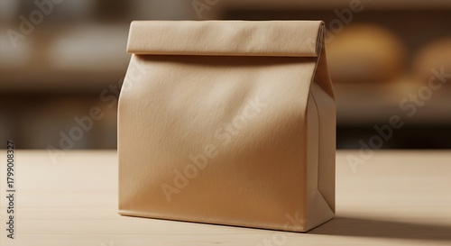 Blank brown kraft paper bag for food delivery or groceries on a wooden surface.