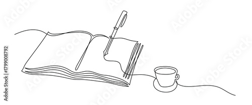 One Line Drawing of Open Book, Pen and Coffee Cup. Writing and Creativity Concept