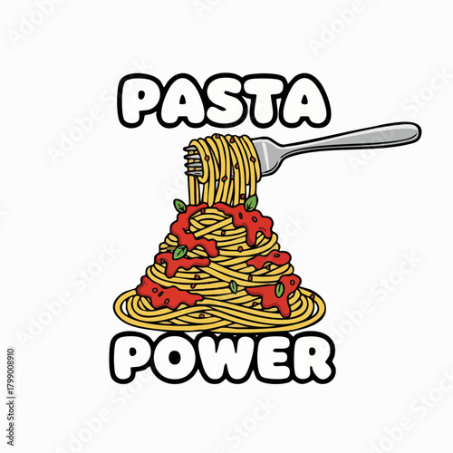 Illustration of spaghetti and sauce with fork and text