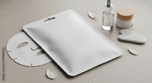 Blank face mask sachet and skincare routine essentials on neutral background.