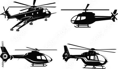 Set of three distinct helicopter vector silhouettes isolated
