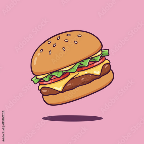 Tasty double cheeseburger floating in air on pink background