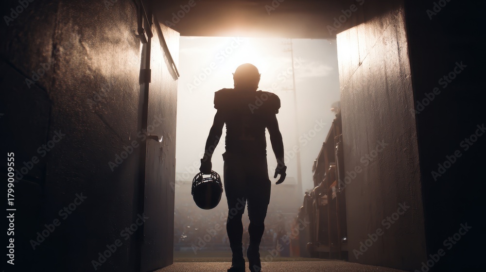 Fototapeta premium Football player prepares to enter the field during sunset for an exciting game in a lively stadium