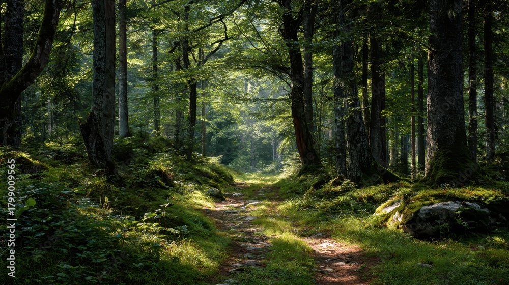 Fototapeta premium Peaceful forest path surrounded by tall trees and lush greenery in the early morning light