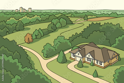 Aerial view of suburban homes near hiking parks, perfect for outdoor lifestyle and relocation ads