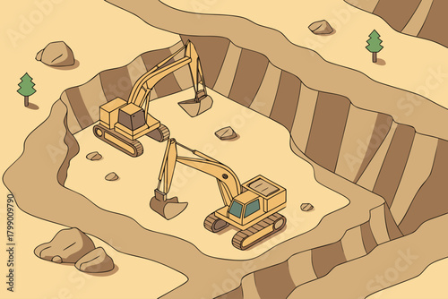 Aerial view of a quarry with large excavators, ideal for energy, extraction, or industrial-themed promotions