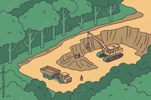 Aerial view of jungle mining site, ideal for energy, extraction, or industrial-themed promotions