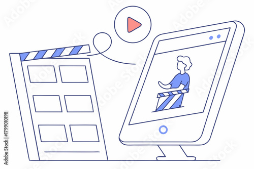 Video summarizer AI app shrinking timeline, modern flat illustration style