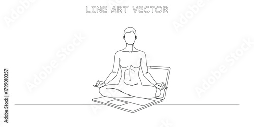 One line drawing of a person meditating in a lotus pose on top of a laptop