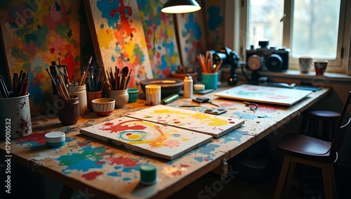 an authentic messy creative desk with scattered art supplies
