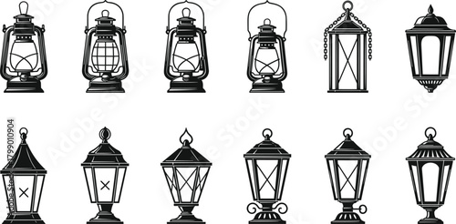 Collection of vintage lantern silhouettes featuring classic oil lamps and decorative street lights for retro lighting design, antique illustration, and outdoor decor artwork