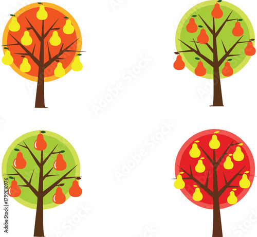 Colorful illustrated pear trees showing seasonal fruit variations in bright orchard design, nature agriculture concept, organic farming and harvest scene artwork