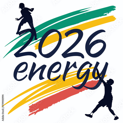 Energetic 2026 logo with silhouettes of active people against colorful brushstrokes, symbolizing vitality and forward motion isolated on