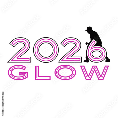 A vibrant design showcasing the year 2026 alongside the word glow, featuring a silhouette of a person participating in a sport, isolated on