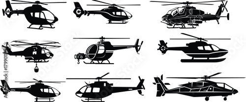 Vector helicopter detailed silhouettes,Set of helicopter ,helicopter icon logo set ,Vector isolated helicopter cliipart icon silhouette. Pictogram vector or plane flying silhouette