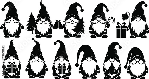 Christmas gnome silhouette collection with gifts, trees, candy canes and festive holiday elements in adorable decorative winter vector set