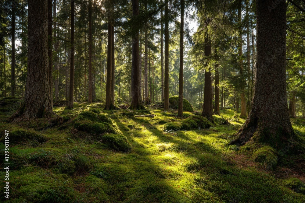 Fototapeta premium Lush green forest with tall trees and sunlight filtering through foliage, creating a serene atmosphere with vibrant moss covering the ground, showcasing nature's beauty and tranquility