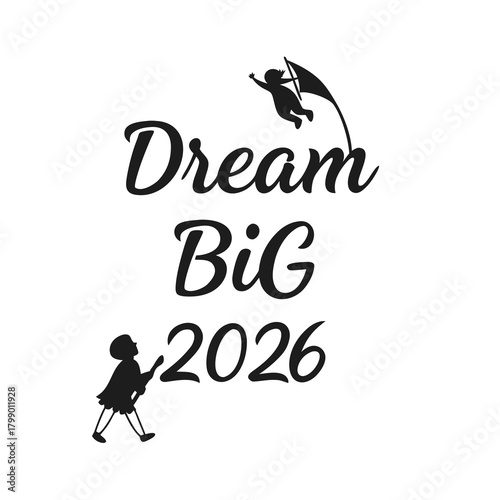 Dream big for the year 2026 with a child flying a kite and another playing guitar, isolated on, symbolizing aspirations and future possibilities