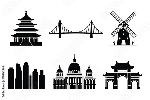 Collection of iconic global architectural silhouettes