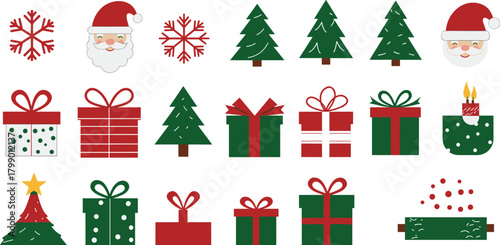 Christmas icon set illustration, Santa face, snowflakes, decorated trees, gift boxes, festive candle, holiday vector design, celebration pack