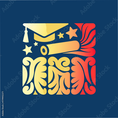 A vibrant graduation design featuring a graduation cap, diploma, stars, and decorative swirls, perfect for celebrating academic achievements and new beginnings