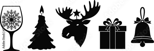 Christmas holiday icons, wine glass snowflake, festive candle tree, moose antlers star, wrapped gift box, holiday bell with ribbon decoration