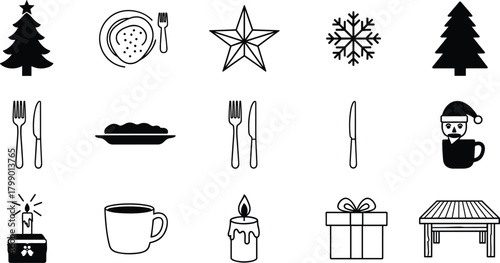 Christmas holiday icons, festive tree, star, snowflake, dining plate, fork, knife, coffee mug, candle, wrapped gift, seasonal celebration table design