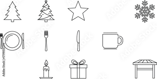 Christmas holiday icons, decorated tree, star, snowflake, dining plate, fork, knife, coffee mug, candle, wrapped gift, festive table design