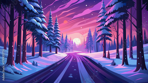 A quiet and remote forest road surrounded by heavy snow and shimmering frost, glowing under a dramatic pink-violet sky that enhances the ethereal beauty of the winter wilderness
