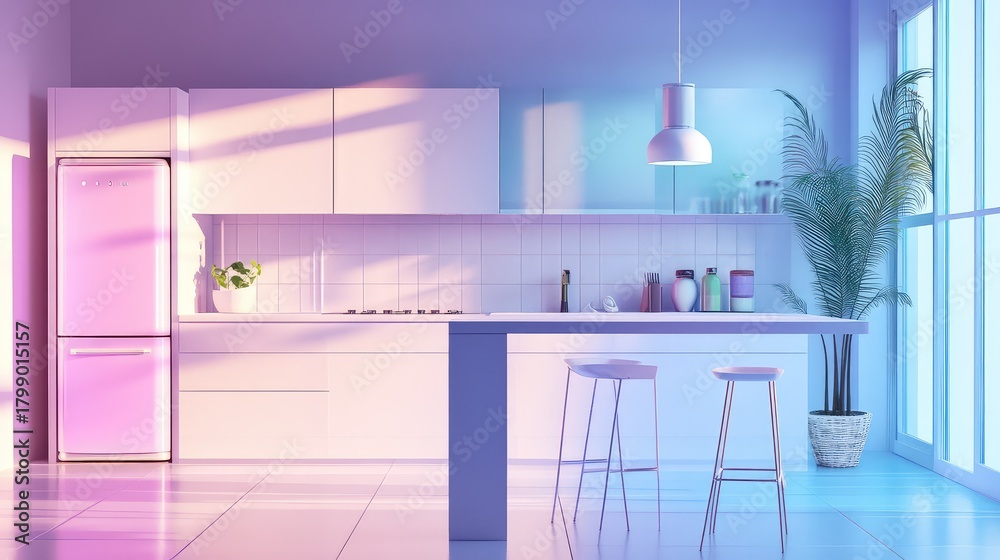 Fototapeta premium Modern kitchen interior with vibrant pink and blue neon lighting
