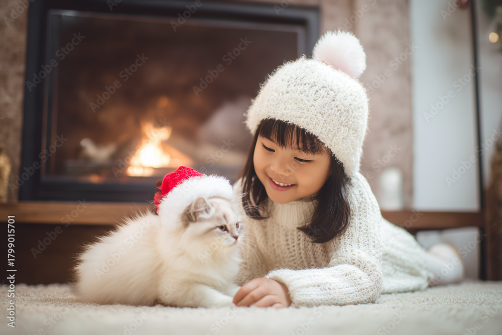 Fototapeta premium Cute little asian girl hugging her cat in Christmas. Little girl in a white knitted sweater. Holiday concept. Postcard. New Year