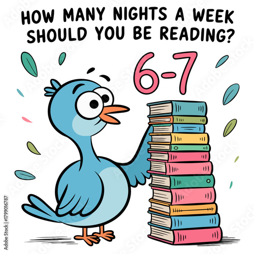 A cartoon illustration of a light blue bird with a large
round eye and a long neck standing next to a tall stack of books. The bird has a comical expression with raised eyebrows and is drawn in a simp