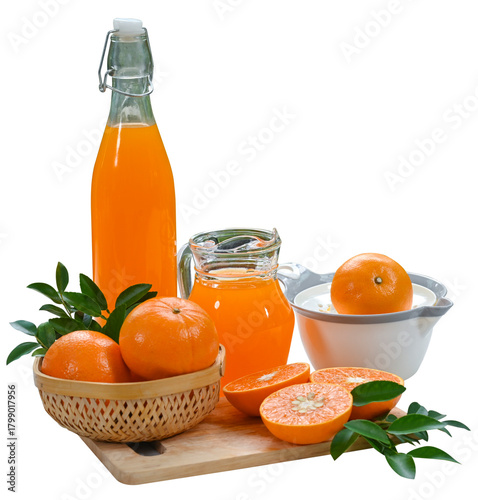 Fresh orange juice in glass with wooden juicer and isolated on transparent background.