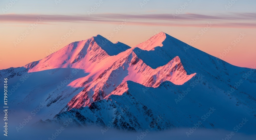 Naklejka premium Majestic Snow-Capped Mountains Bathed in Golden Hour Light.