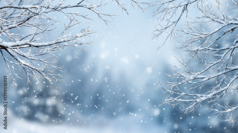 Obraz premium serene winter landscape with snowcovered branches and falling snow winter christmas background