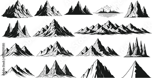 Collection of hand drawn black and white mountain peaks and ranges in a graphic style