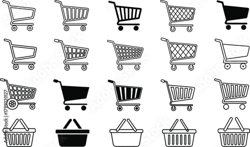Collection of hand drawn shopping carts and baskets in various styles and patterns for retail and commerce concepts