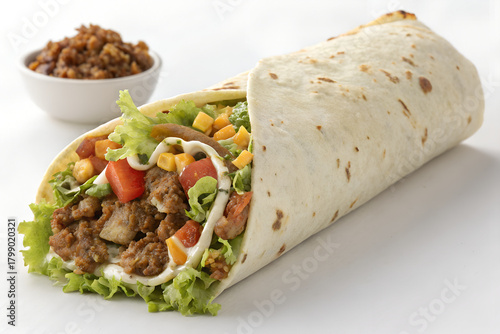 Delicious Beef Burrito with Fresh Vegetables and Rice on Side
