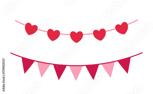 Set Valentines Day heart shaped bunting flag and Triangle Pennant Vector Illustration.
Heart Garland Banner.
Valentine's Day Party Decoration element.
White background.