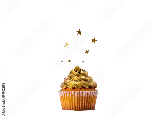 Cartoon Style Gold Cupcake with Sparkles – PNG Cutout
