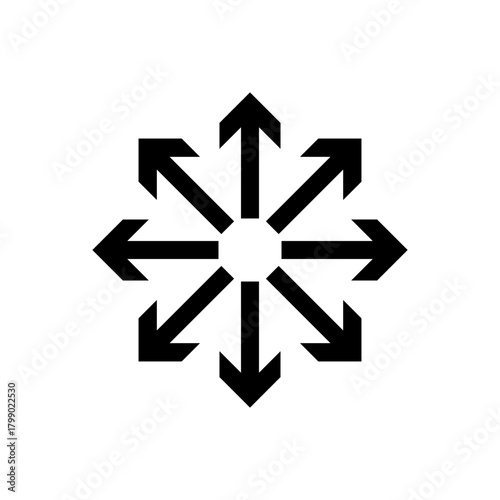 Eight black arrows pointing outwards in a radial pattern, symbolizing expansion, spread, choice, and multi-directional movement or growth.