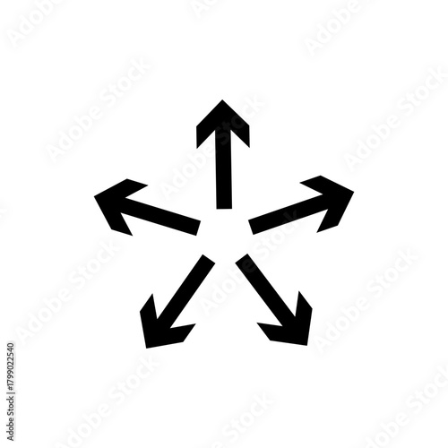 Black arrows pointing outward from a central point, symbolizing expansion, spread, divergence, distribution, and various directions.