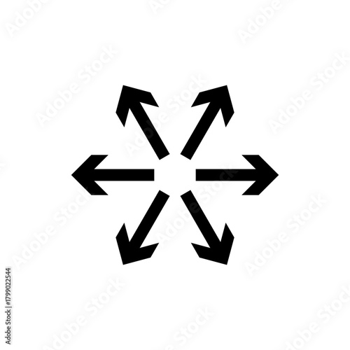 Outward pointing arrows in a radial pattern symbolizing expansion, growth, dispersal, and omnidirectional movement from a central point.